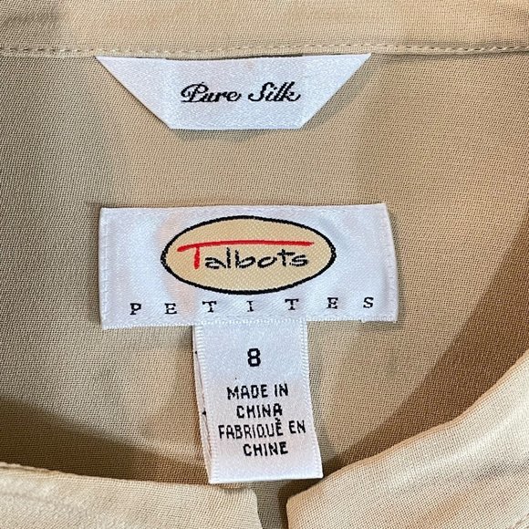 Talbots Women's Tan 100%‎ Silk Toggle Button Up Asian Look Shirt Top Blouse Sz 8 - Picture 1 of 12
